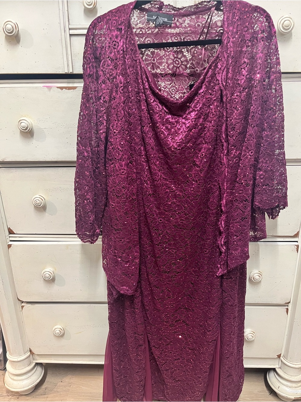 R&M Richards Plum Lace Overlay Evening Dress with Jacket